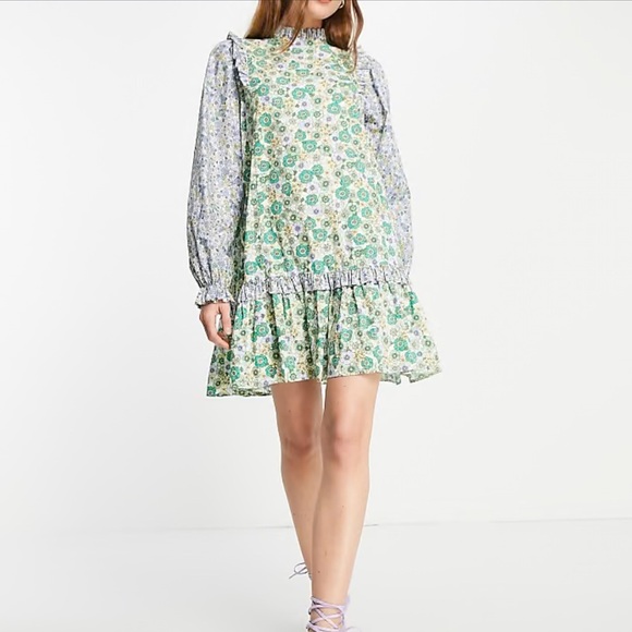 Envii Mixed Floral Long Sleeve Ruffle Mini Dress XS - Picture 1 of 6